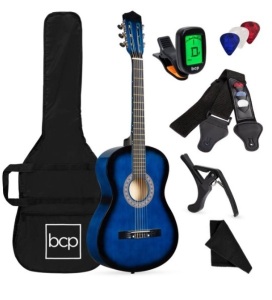 Beginner Acoustic Guitar Set w/ Case, Strap, Digital Tuner, Strings - 38in, Blueburst