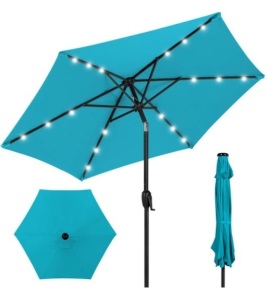 Outdoor Solar Patio Umbrella w/ Push Button Tilt, Crank Lift - 7.5ft, Sky Blue