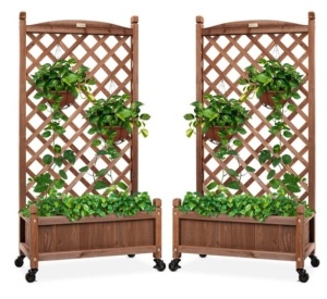 Set of 2 Wood Planter Box & Lattice Trellis w/ Optional Wheels - 48in