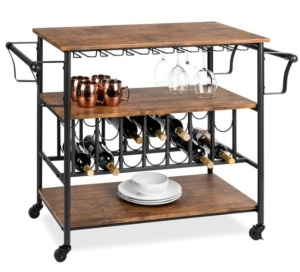 45in Industrial Wood Shelf Bar & Wine Cart w/ Bottle & Glass Racks 