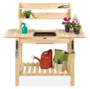 Wood Garden Potting Bench w/ Sliding Tabletop, Food Grade Dry Sink