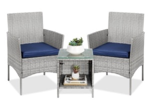 3-Piece Outdoor Patio Wicker Bistro Set w/ Side Storage Table, Gray/Navy