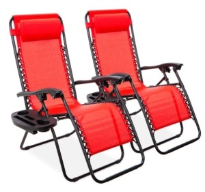 Set of 2 Adjustable Zero Gravity Patio Chair Recliners w/ Cup Holders, Crimson Red