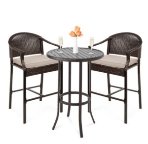 3-Piece Outdoor Bistro Wicker Table Bar Set w/ Bar Stools, Footrests