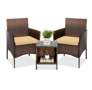 3-Piece Outdoor Patio Wicker Bistro Set w/ Side Storage Table,Brown/Tan