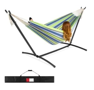 2-Person Brazilian-Style Double Hammock w/ Carrying Bag and Steel Stand, Blue Green Stripe