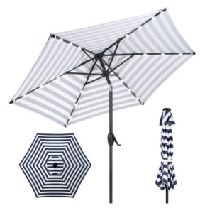 Outdoor Solar Patio Umbrella w/ Push Button Tilt, Crank Lift - 7.5ft, Navy Stripe