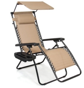 Folding Zero Gravity Recliner Patio Lounge Chair w/ Canopy, Side Tray, Beige