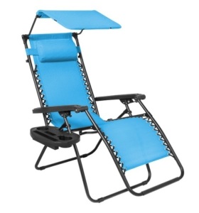 Folding Zero Gravity Recliner Patio Lounge Chair w/ Canopy, Side Tray, Light Blue