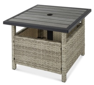 Outdoor Wicker Patio Side Table Accent Furniture w/ Umbrella Hole, Gray