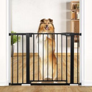 KINGSO 43.3in Baby Gate Extra Wide Tall Dog Pet Gate Auto Close Safety Gate, Include 4 Pressure Bolts, 2.75" & 8.25" Extension, Black