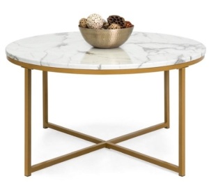 Round Coffee Table w/ Faux Marble Top, Metal Frame - 36in, Gold