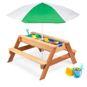 3-in-1 Kids Sand & Water Table Outdoor Wood Picnic Table w/ Umbrella, Green