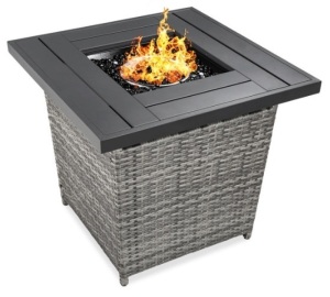 28in Fire Pit Table 50,000 BTU Wicker Propane w/ Faux Wood Tabletop, Cover, Gray