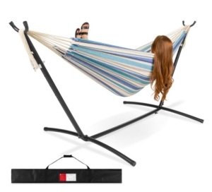 2-Person Brazilian-Style Double Hammock w/ Carrying Bag and Steel Stand, Ocean