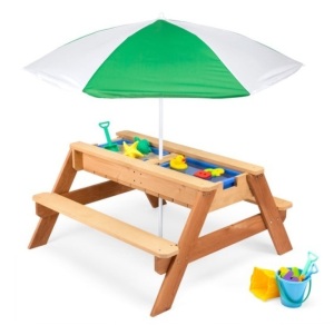 3-in-1 Kids Sand & Water Table Outdoor Wood Picnic Table w/ Umbrella, Green