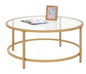 Round Tempered Glass Coffee Table w/ Steel Frame - 36in, Gold