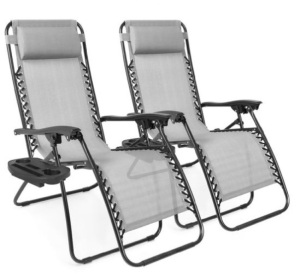 Set of 2 Adjustable Zero Gravity Patio Chair Recliners w/ Cup Holders, Ice Gray