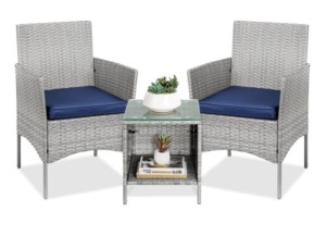 3-Piece Outdoor Patio Wicker Bistro Set w/ Side Storage Table, Gray/Navy