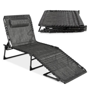 Portable Patio Chaise Lounge Chair Outdoor Recliner w/ Pillow, Gray