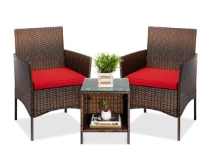 3-Piece Outdoor Patio Wicker Bistro Set w/ Side Storage Table, Brown/Red