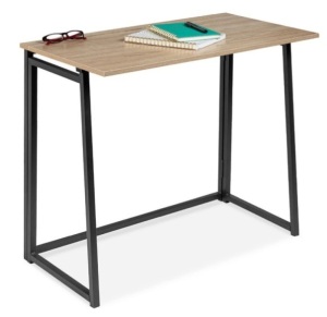 Folding Drop Leaf Office Desk w/ Wood Table Top, Back Shelf - 31.5in, Black/Natural