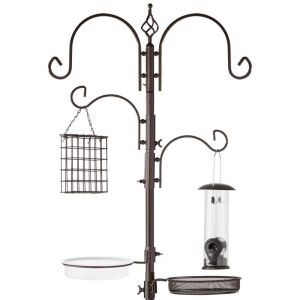 4-Hook Bird Feeding Station, Steel Feeder Stand w/ 2 Bird Feeders - 91"