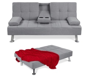 Linen Upholstered Convertible Sofa Bed Futon w/ 2 Cupholders, Gray