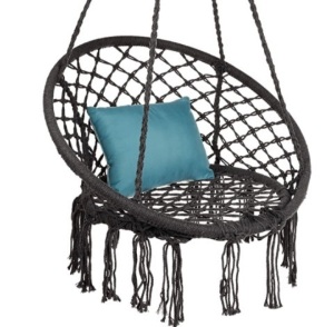 Handwoven Cotton Macramé Hammock Hanging Chair Swing for Indoor & Outdoor Use w/Backrest, Fringe Tassels, 265 Pound Capacity - Black