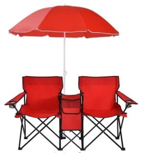 Red Plastic Portable Folding Picnic Double Chair W/Umbrella Table Cooler Beach Camping