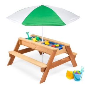 3-in-1 Kids Sand & Water Table Outdoor Wood Picnic Table w/ Umbrella, Green