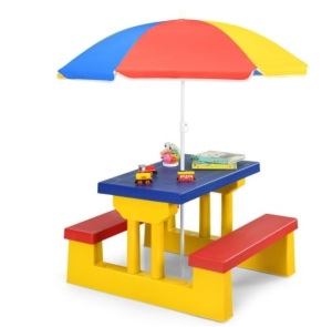 Kids Picnic Folding Table And Bench With Umbrella-Yellow