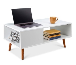 Wooden Mid-Century Modern Coffee Accent Table w/ Open Storage Shelf, White