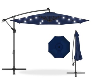 Solar LED Offset Hanging Patio Umbrella w/ Crank Tilt Adjustment - 10ft, Navy Blue