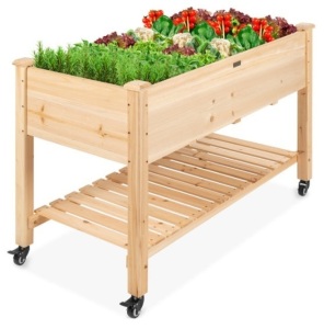 Mobile Raised Garden Bed Elevated Wood Planter w/ Wheels, Storage Shelf 