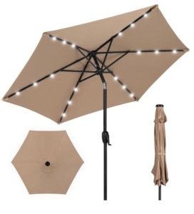 Outdoor Solar Patio Umbrella w/ Push Button Tilt, Crank Lift - 7.5ft, Tan