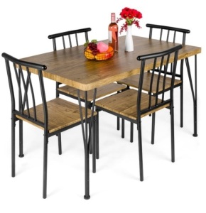 5-Piece Modern Metal and Wood Dining Table Furniture Set w/ 4 Chairs, Brown