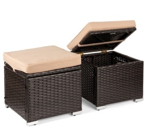 Set of 2 Wicker Ottomans, Multipurpose w/ Removable Cushions, Steel Frame, Brown/Beige