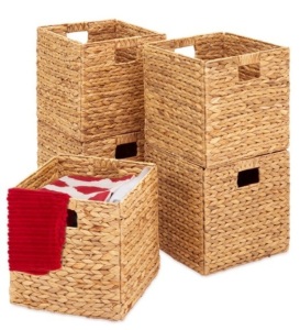 Set of 5 Collapsible Hyacinth Storage Baskets w/ Inserts - 12x12in, Natural