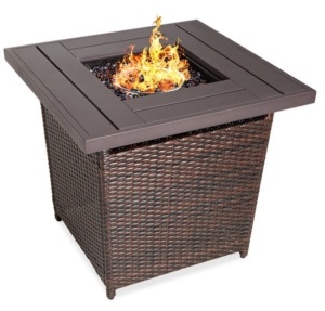 28in Fire Pit Table 50,000 BTU Wicker Propane w/ Faux Wood Tabletop, Cover, Brown