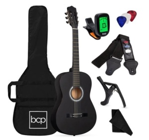 Beginner Acoustic Guitar Set w/ Case, Strap, Digital Tuner, Strings - 38in, Black