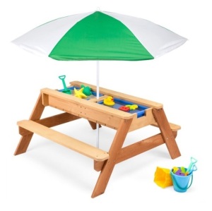 3-in-1 Kids Sand & Water Table Outdoor Wood Picnic Table w/ Umbrella, Green