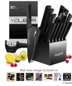 Yoleya, 15 Piece, Kitchen Knife Set, With Block, Like New, Retail - $149.99