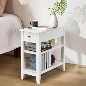 3-Tier Nightstand Bedside Table Sofa Side With Double Shelves Drawer-White HW61591WH 