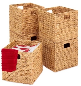 Set of 5 Collapsible Hyacinth Storage Baskets w/ Inserts - 12x12in, Natural