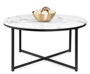 Round Coffee Table w/ Faux Marble Top, Metal Frame - 36in, Black