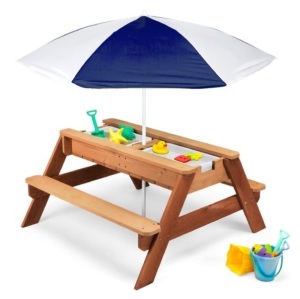 3-in-1 Kids Sand & Water Table Outdoor Wood Picnic Table w/ Umbrella, Navy