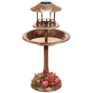 Solar Lighted Outdoor Pedestal Bird Bath w/ Planter, Decorative Bird Cage