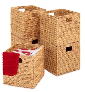 Set of 5 Collapsible Hyacinth Storage Baskets w/ Inserts - 12x12in, Natural