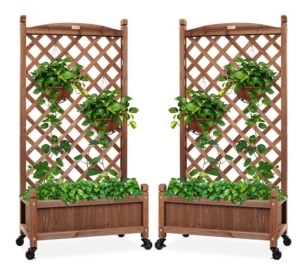 Set of 2 Wood Planter Box & Lattice Trellis w/ Optional Wheels - 48in